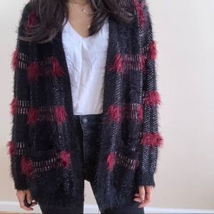 Black and Red Fluffy Check Cardigan